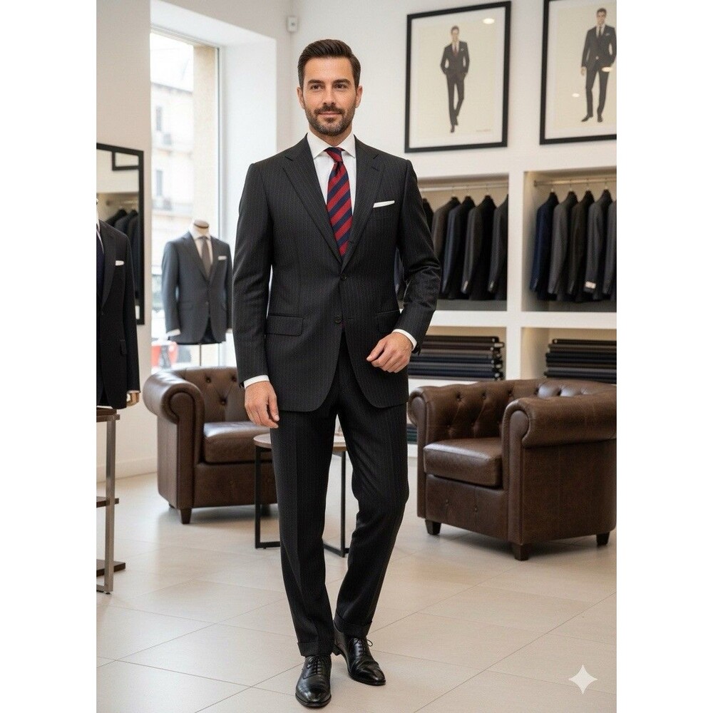 Martino Uomo Moda 2pc Suit Men’s Subtle Black Pinstripe 42R W32xL31